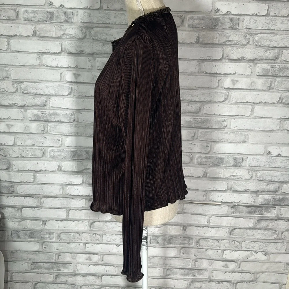 Cachet Brown Accordion Pleated Silky Blouse Cardigan
